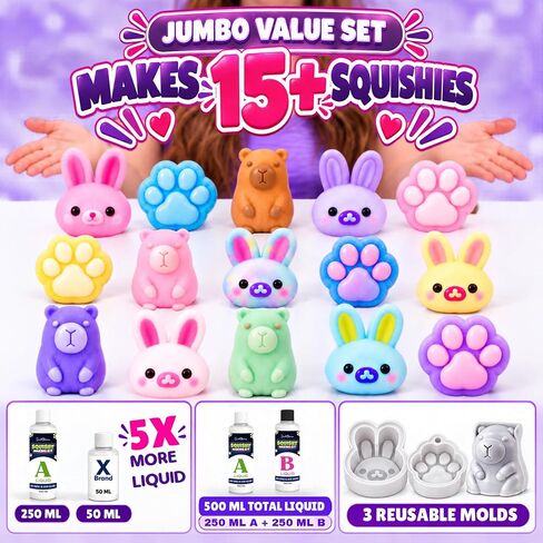 Jim&Gloria Glow in the Dark DIY Squishy Making Kit - Make Your Own Squishies All-in-One Squishy Maker Craft Kit with 1:1 Liquid Silicone, 3 Cute Animal Molds Mini Paw, Bunny, Capybara Chirstmas Gifts in Saudi Arabia