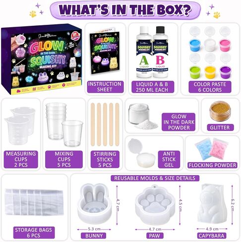Jim&Gloria Glow in the Dark DIY Squishy Making Kit - Make Your Own Squishies All-in-One Squishy Maker Craft Kit with 1:1 Liquid Silicone, 3 Cute Animal Molds Mini Paw, Bunny, Capybara Chirstmas Gifts in Saudi Arabia