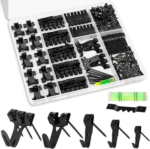 KURUI Picture Hangers, 385Pcs Picture Hanging Kit with Heavy Duty Picture Hanging Hooks, Sawtooth, Hardware Nails and Picture Hanging Tool, Wall Hangers for Frame, Painting, Art, Photo (Black) in Saudi Arabia