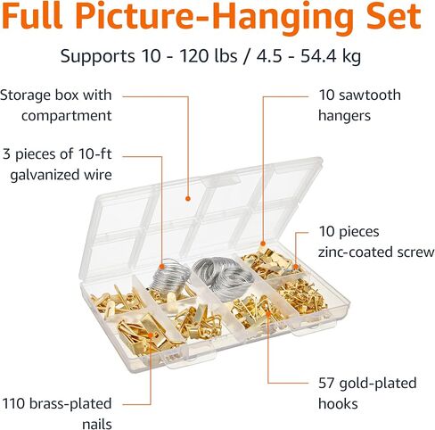 Amazon Basics Picture Hanging Hardware Assortment Kit, 220 Piece Set, Brass in Kuwait