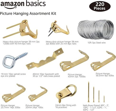 Amazon Basics Picture Hanging Hardware Assortment Kit, 220 Piece Set, Brass in Kuwait