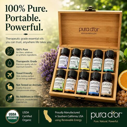 PURA D'OR Organic Perfect10 Essential Oils Aromatherapy Box Set, 10mL x10 in Kuwait