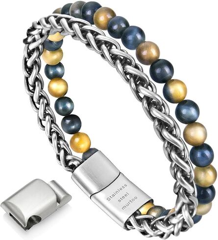 murtoo Mens Bead Leather Bracelet, Natural Bead, Steel and Leather Bracelet for Men Christmas Gift Idea in Kuwait