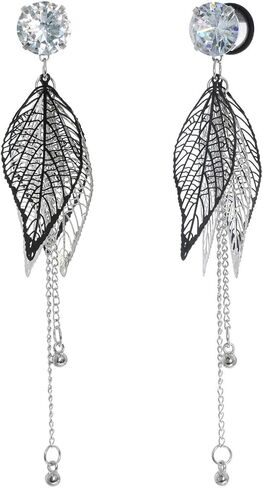 Cubic Zirconia Stainless Steel Dangle Silver Black Leaves Ear Tunnels Gauge Piercing Plugs Stretcher with O-ring 6mm-20mm in Saudi Arabia