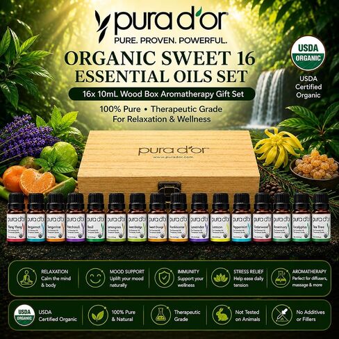 PURA D'OR Organic Sweet16 Essential Oils Aromatherapy Box Set, 10mL x16 in Kuwait