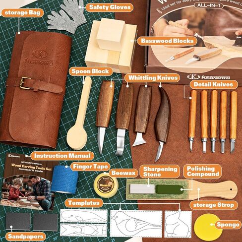 Wood Carving Kit, 32Pcs Wood Carving Tools with Storage Bag, Wood Whittling Knife Kit with 4pcs Templates & 11pcs Wood Carving Knives for Wood DIY Beginners in Saudi Arabia