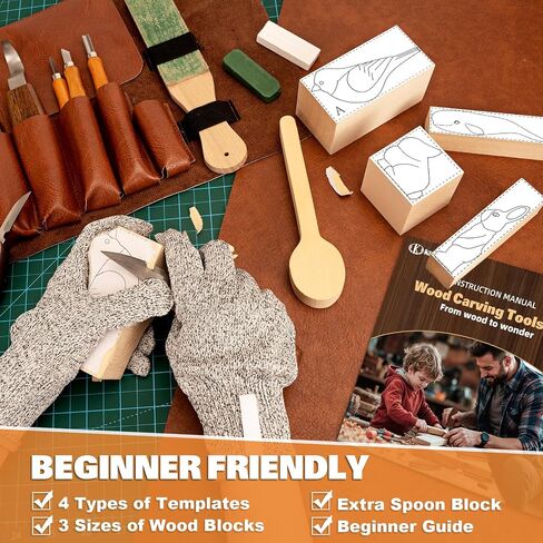 Wood Carving Kit, 32Pcs Wood Carving Tools with Storage Bag, Wood Whittling Knife Kit with 4pcs Templates & 11pcs Wood Carving Knives for Wood DIY Beginners in Saudi Arabia