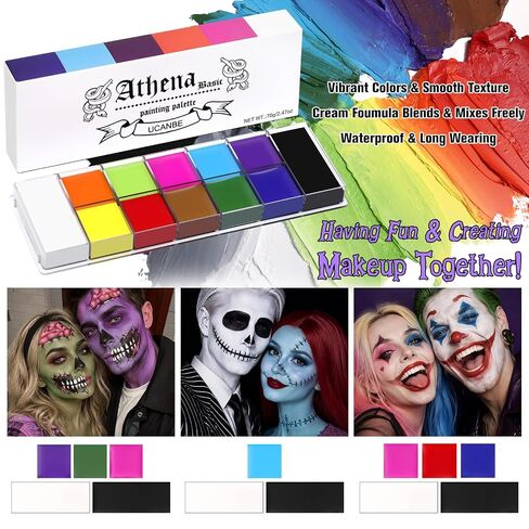 UCANBE Athena Basic Face Body Paint Oil Palette, 12 Color Large Black White Professional Face Painting Makeup Kit, Facepaint Pallet for Halloween SFX Party Art Stage Costume Cosplay Clown Goth Make Up in Kuwait