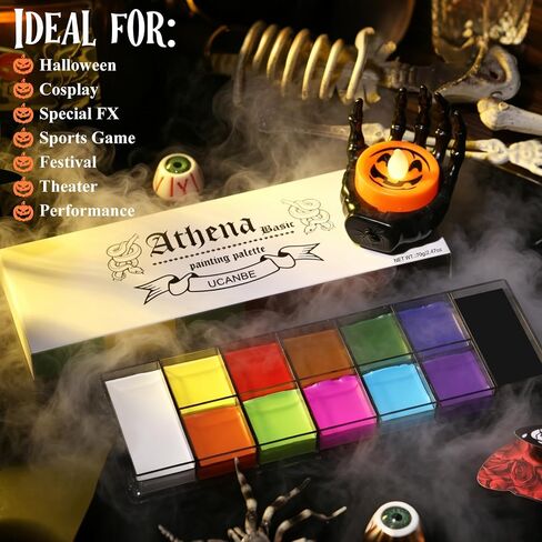 UCANBE Athena Basic Face Body Paint Oil Palette, 12 Color Large Black White Professional Face Painting Makeup Kit, Facepaint Pallet for Halloween SFX Party Art Stage Costume Cosplay Clown Goth Make Up in Kuwait