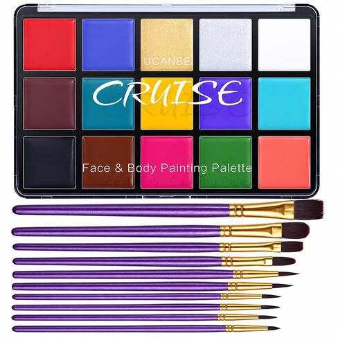 UCANBE Face Body Paint Oil Palette + 10 Pcs Brushes Set, Professional 15 Colors Face Painting Makeup Kit for Halloween Cosplay SFX Parties Theater Stage Artist Costume Festival in Kuwait