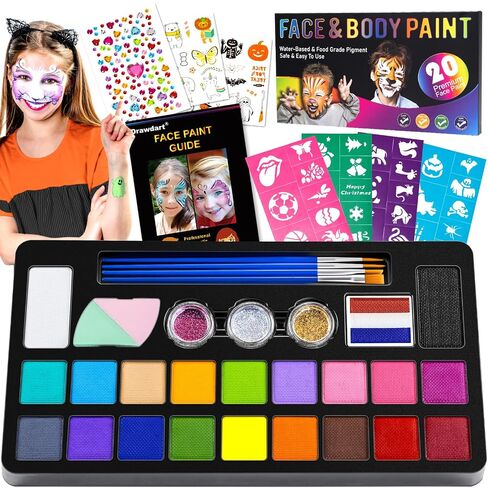 Drawdart Face Painting Kit for Kids - 20 Colors Water Based Non-Toxic Paint With Stencils & Brushes - Professional Body Makeup Kit for Parties, Birthdays, Halloween in Saudi Arabia