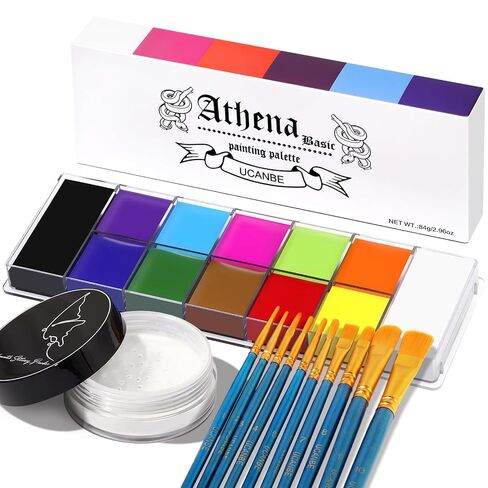 UCANBE Athena Basic Face Body Paint Kit - 12 Colors Oil Painting Palette + Translucent Setting Powder + 10 Brushes, SFX Facepaint Pallet Set for Halloween Cosplay Party Stage Theater Costume Makeup in Kuwait