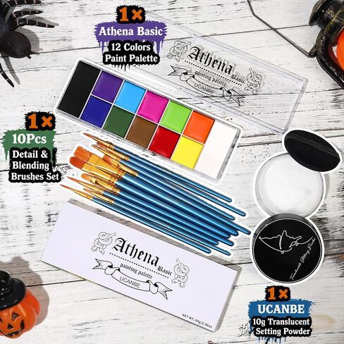 UCANBE Athena Basic Face Body Paint Kit - 12 Colors Oil Painting Palette + Translucent Setting Powder + 10 Brushes, SFX Facepaint Pallet Set for Halloween Cosplay Party Stage Theater Costume Makeup in Kuwait