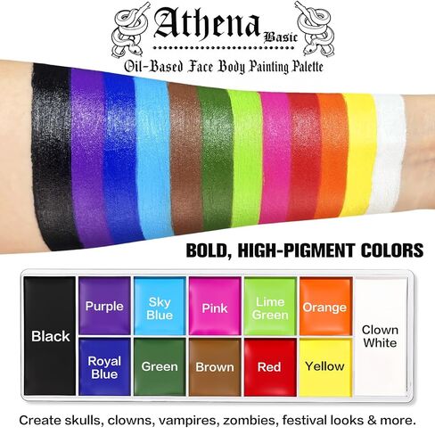 UCANBE Athena Basic Face Body Paint Kit - 12 Colors Oil Painting Palette + Translucent Setting Powder + 10 Brushes, SFX Facepaint Pallet Set for Halloween Cosplay Party Stage Theater Costume Makeup in Kuwait