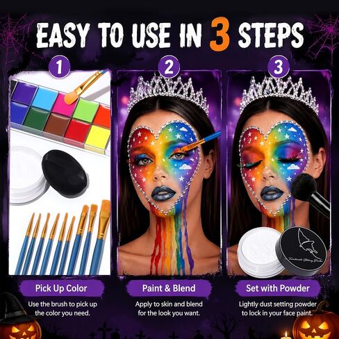 UCANBE Athena Basic Face Body Paint Kit - 12 Colors Oil Painting Palette + Translucent Setting Powder + 10 Brushes, SFX Facepaint Pallet Set for Halloween Cosplay Party Stage Theater Costume Makeup in Kuwait