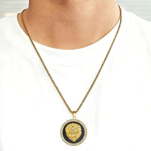 Lion Head Necklace for Men Women Silver Gold Black Pendant Shield Roar Round Rhinestones Stainless Titanium Steel Punk Simple Viking Vintage Lion Necklace for Teen Son Daughter in Kuwait
