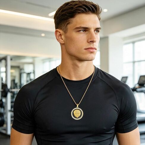 Lion Head Necklace for Men Women Silver Gold Black Pendant Shield Roar Round Rhinestones Stainless Titanium Steel Punk Simple Viking Vintage Lion Necklace for Teen Son Daughter in Kuwait