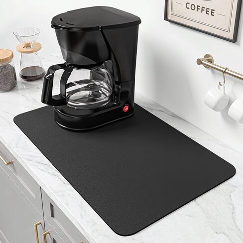 PoYang Coffee Mat: Coffee Bar Mat with Rubber Backed, 12" X 17" Hide Stains Coffee Maker Mat for Countertops, Coffee Matt for Counter, Coffee Bar Accessories, Absorbent Dish Drying Mat (Black) in Kuwait