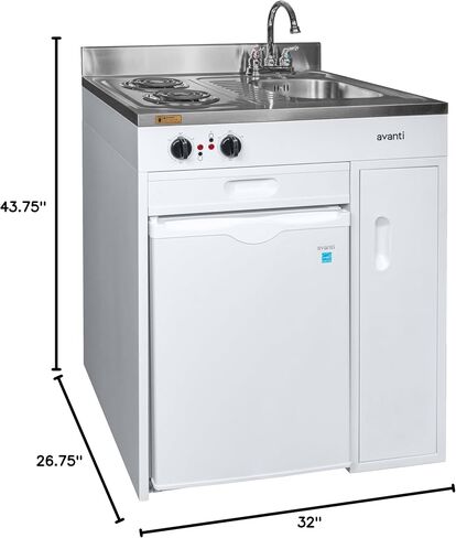 Avanti CK3016 30" Energy Star Certified Full Compact Kitchen, Built in Kitchenette Stainless Steel Counter, Two Element Cooking Range, Refrigerator & Storage, White in Saudi Arabia
