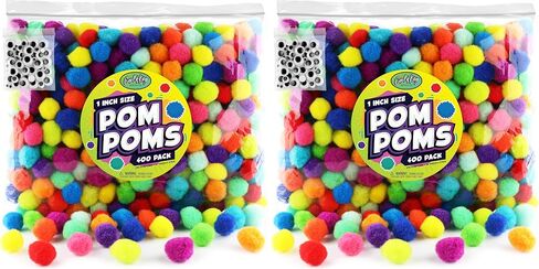 400 Pieces - Pom Poms Balls for Craft Supplies - 350 Assorted Colored Fuzzy Pompoms with 50 Googly Eyes - 1 inch Size in Kuwait