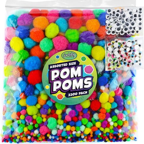 2200 Pieces - Pom Poms Balls for Craft Supplies - Large and Small Assorted Colored Fuzzy Pompoms with 200 Googly Eyes in Kuwait
