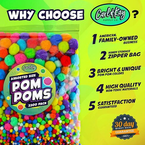 2200 Pieces - Pom Poms Balls for Craft Supplies - Large and Small Assorted Colored Fuzzy Pompoms with 200 Googly Eyes in Kuwait