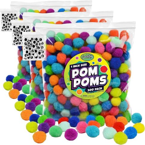 Carl & Kay [300 Pcs] 250 1 Inch Pom Poms & 50 Googly Eyes - Craft Pom Pom Balls - Pompoms for Crafts - Pom Pom for Crafts in Bright & Bold Assorted Colors - Large Pom Poms Arts and Crafts in Kuwait