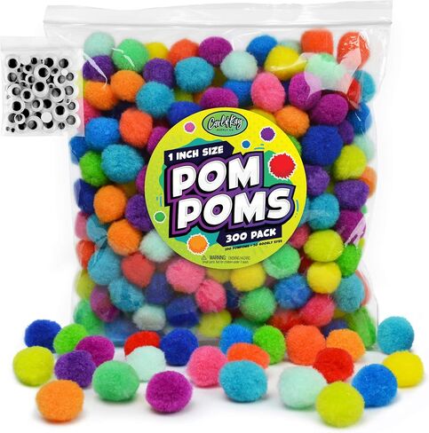 Carl & Kay [300 Pcs] 250 1 Inch Pom Poms & 50 Googly Eyes - Craft Pom Pom Balls - Pompoms for Crafts - Pom Pom for Crafts in Bright & Bold Assorted Colors - Large Pom Poms Arts and Crafts in Kuwait