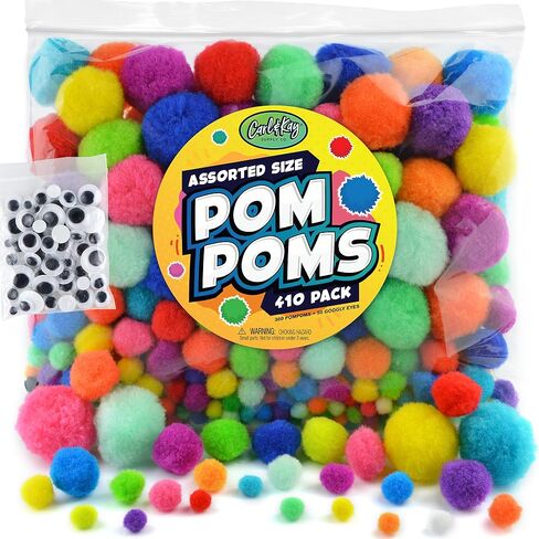 410 Pieces - Jumbo Pom Poms Balls for Craft Supplies - 360 Assorted Large and Small Colored Fuzzy Pompoms with 50 Googly Eyes in Kuwait
