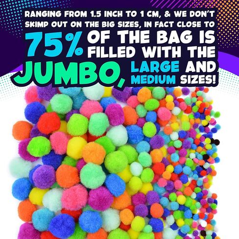 410 Pieces - Jumbo Pom Poms Balls for Craft Supplies - 360 Assorted Large and Small Colored Fuzzy Pompoms with 50 Googly Eyes in Kuwait