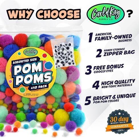 410 Pieces - Jumbo Pom Poms Balls for Craft Supplies - 360 Assorted Large and Small Colored Fuzzy Pompoms with 50 Googly Eyes in Kuwait