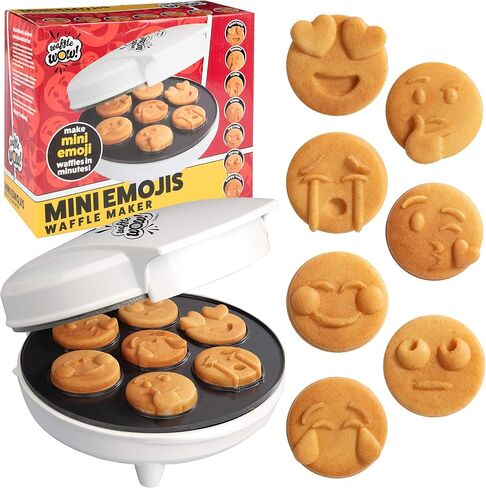 Mini Emojis Waffle Maker for Mother's Day Breakfast - Create 7 Cool Unique Smiley Face Waffles or Pancakes w Electric Non Stick Waffler Iron Featuring a Kiss Face, Heart Eyes & Smile, Morning Gift in Kuwait