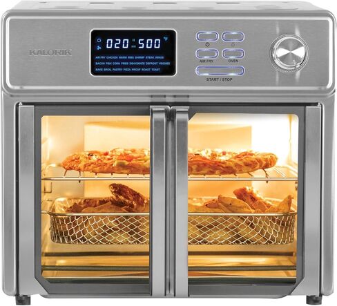 Kalorik MAXX Air Fryer Oven, 26 Quart 10-in-1 Countertop Toaster Oven & Air Fryer Combo - Fry, Bake, Roast, Rotisserie, & More, Large Glass French Doors & 9 Accessories, 1700-Watts, Stainless Steel | 1700W power, French doors, fries, bakes, roasts and rot in Kuwait