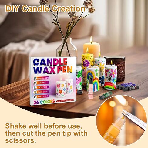 Candle Wax Pen 26 Colors Set - 3D Candle Paint with Glitter Gold Silver, Smooth Drawing Wax Pen for DIY Candle Making, Birthday, Wedding Party, Non-Toxic, Fast-Drying, Long-Lasting Color - 0.35oz/10ml in Kuwait