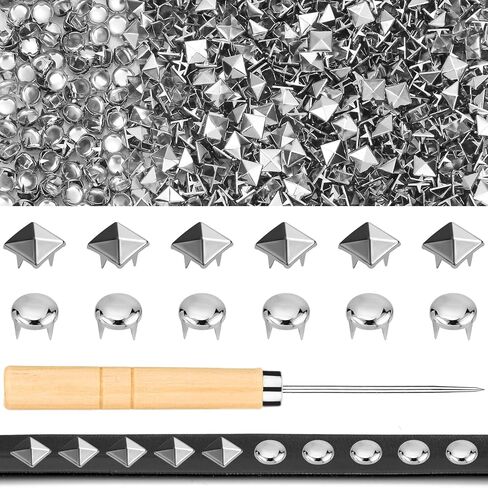 Jollidecor 1250 PCS Metal Studs for Clothing, 10mm Square Pyramid Studs and Round Dome Studs for Craft, Leather Rivet Kit with Awl Silver Spikes for Clothes, Jacket, Belt, Dog Collar in Kuwait