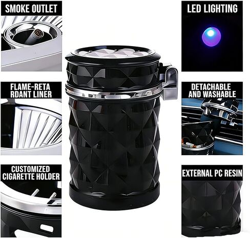 Auto Car Ashtray Portable with Blue LED Light Ashtray Smokeless Smoking Stand Cylinder Cup Holder (Black) in Kuwait