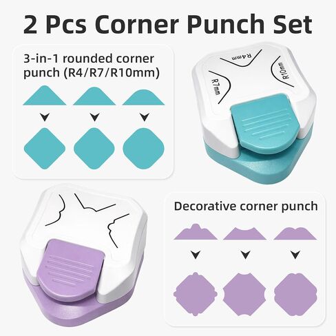 Paper Corner Cutter Set, 2 Pcs 3-in-1 Paper Corner Rounder Punch (R4/R7/R10mm) & Decorative Corner Punch, Round Corner Punch for Cardstock, Cards, Photos, Business Cards, Scrapbooks in Saudi Arabia