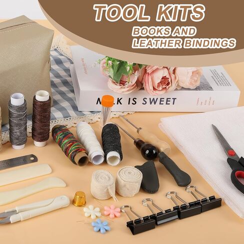 FUXAFU 50 Pcs Book Binding Kits, 13"x7.9" Inch Wooden Book Press，Books Binding Materials, with Bone Folder, Awl, Needles for DIY Bookbinding, BookRepair, Handmade Crafts in Saudi Arabia