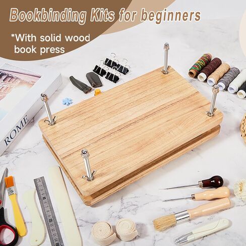 FUXAFU 50 Pcs Book Binding Kits, 13"x7.9" Inch Wooden Book Press，Books Binding Materials, with Bone Folder, Awl, Needles for DIY Bookbinding, BookRepair, Handmade Crafts in Saudi Arabia