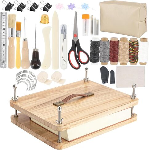 FUXAFU 50 Pcs Book Binding Kits, 14.7"x11.4" Inch Wooden Book Press，Books Binding Materials, with Bone Folder, Awl, Needles for DIY Bookbinding, BookRepair, Handmade Crafts in Saudi Arabia