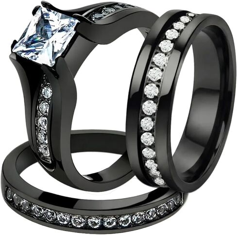 HIS & HER 3PC BLACK STAINLESS STEEL & TITANIUM WEDDING ENGAGEMENT RING Band SET in Kuwait