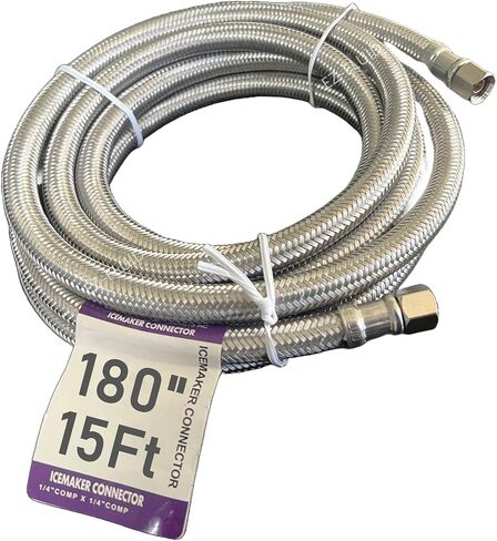 EZ-FLUID 1/4" Female Comp x 1/4" Female Comp x 180"(15FT) Stainless Steel Braided Flexible Refrigerator Ice Maker Water Line Connector Kit, Fridge Flex Icemaker Water Supply Hose For Portable & Home in Kuwait