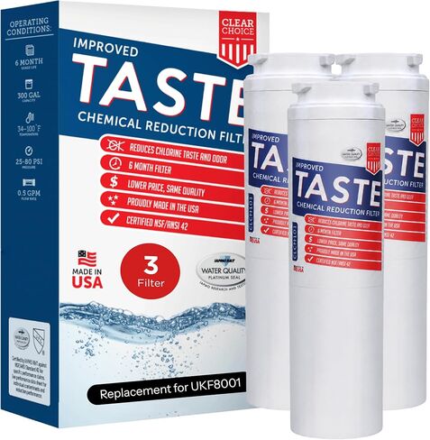 Clear Choice Taste Filter Replacement for Whirlpool UKF8001 WF50 Filter Compatible with EDR4RXD1 EFF-6013A FILTER4A FILTER4 Refrigerator Water Filter, NSF/ANSI 42, Box of 3, Made in the USA in Saudi Arabia