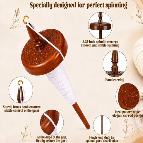 ElaraBerry Wooden Hardwood Top Whorl Drop Spindle 11.4 Inch Shaft 3.35 Inch Whorl Diameter Hand Spindle Yarn Spinner for Beginner & Advanced Spinning, Spin Roving into Yarn for Sewing Knitting Crafts in Kuwait