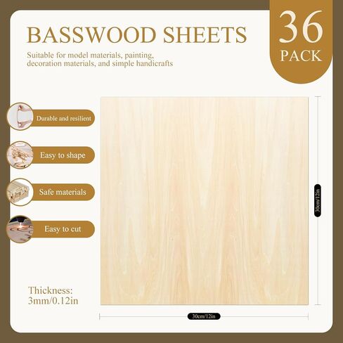 36 Pack Basswood Sheets,12"x12"x1/8" 3mm Basswood Plywood,Craft Wood,Unfinished Wood,for DIY Ornaments and Model Engraving, Wood Burning, Architectural Models, Drawing、Wood for Laser Cutting in Kuwait