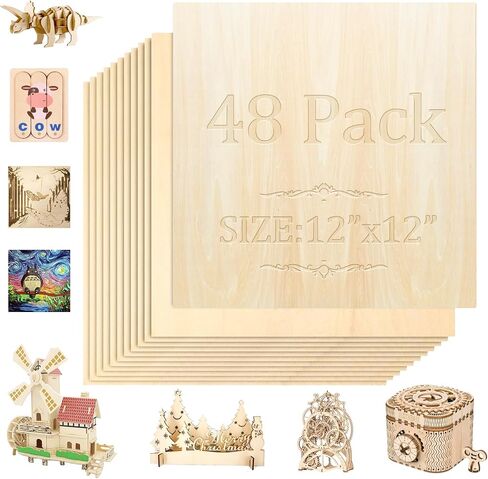 36 Pack Basswood Sheets,12"x12"x1/8" 3mm Basswood Plywood,Craft Wood,Unfinished Wood,for DIY Ornaments and Model Engraving, Wood Burning, Architectural Models, Drawing、Wood for Laser Cutting in Kuwait