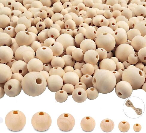 950pcs Wooden Beads for Crafts 7 Sizes Unfinished Natural Wood Bead Wooden Beads Bulk 6mm, 8mm, 10mm, 12mm, 14mm, 16mm, 20mm Bead for Garland Macrame Jewelry Making DIY Farmhouse Decor in Saudi Arabia
