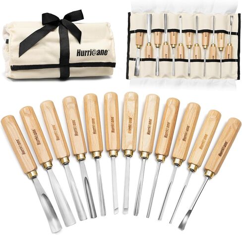 HURRICANE 12-Piece Starter Wood Carving Tools Set, Professional Wood Carving Kit with Razor Sharp 60CRV Steel Blades, Ash Wood Handles & Canvas Case for Beginners Professionals Specialties in Saudi Arabia
