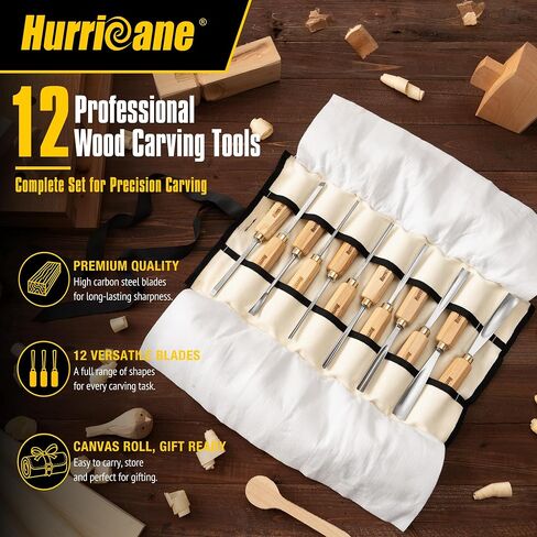HURRICANE 12-Piece Starter Wood Carving Tools Set, Professional Wood Carving Kit with Razor Sharp 60CRV Steel Blades, Ash Wood Handles & Canvas Case for Beginners Professionals Specialties in Saudi Arabia