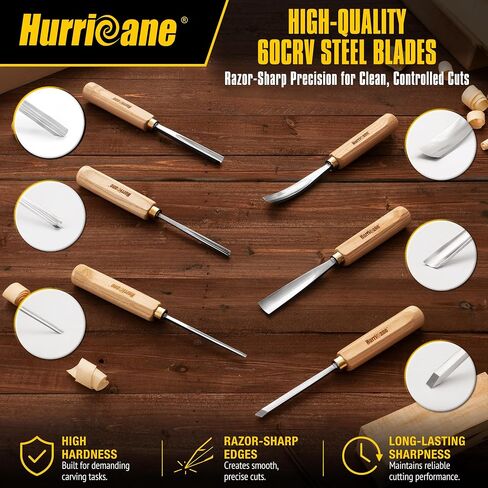 HURRICANE 12-Piece Starter Wood Carving Tools Set, Professional Wood Carving Kit with Razor Sharp 60CRV Steel Blades, Ash Wood Handles & Canvas Case for Beginners Professionals Specialties in Saudi Arabia